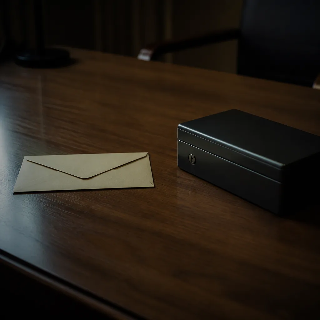 Enveloppe scellée posée sur un bureau sobre, à côté d’un coffret métallique fermé