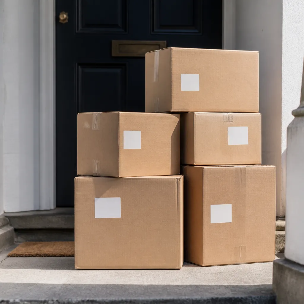 Cartons de déménagement empilés devant une porte d’entrée