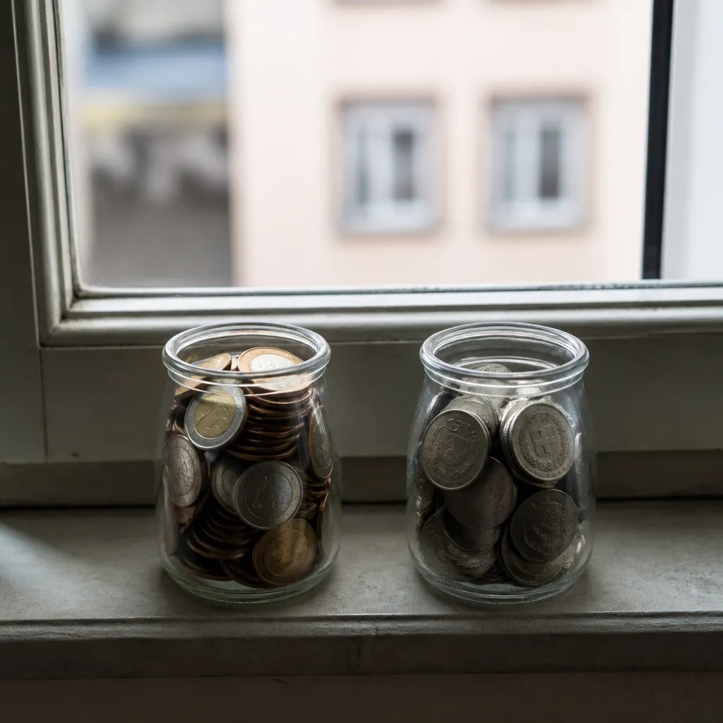 Deux tirelires sur un rebord de fenêtre, l’une en euros, l’autre en francs suisses