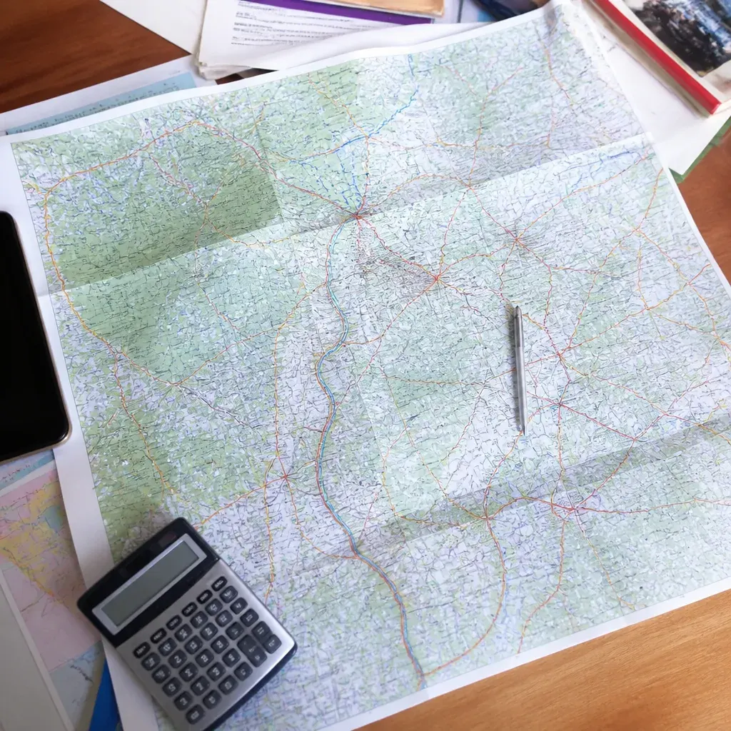 Bureau vu de dessus avec une carte routière transfrontalière et une calculatrice