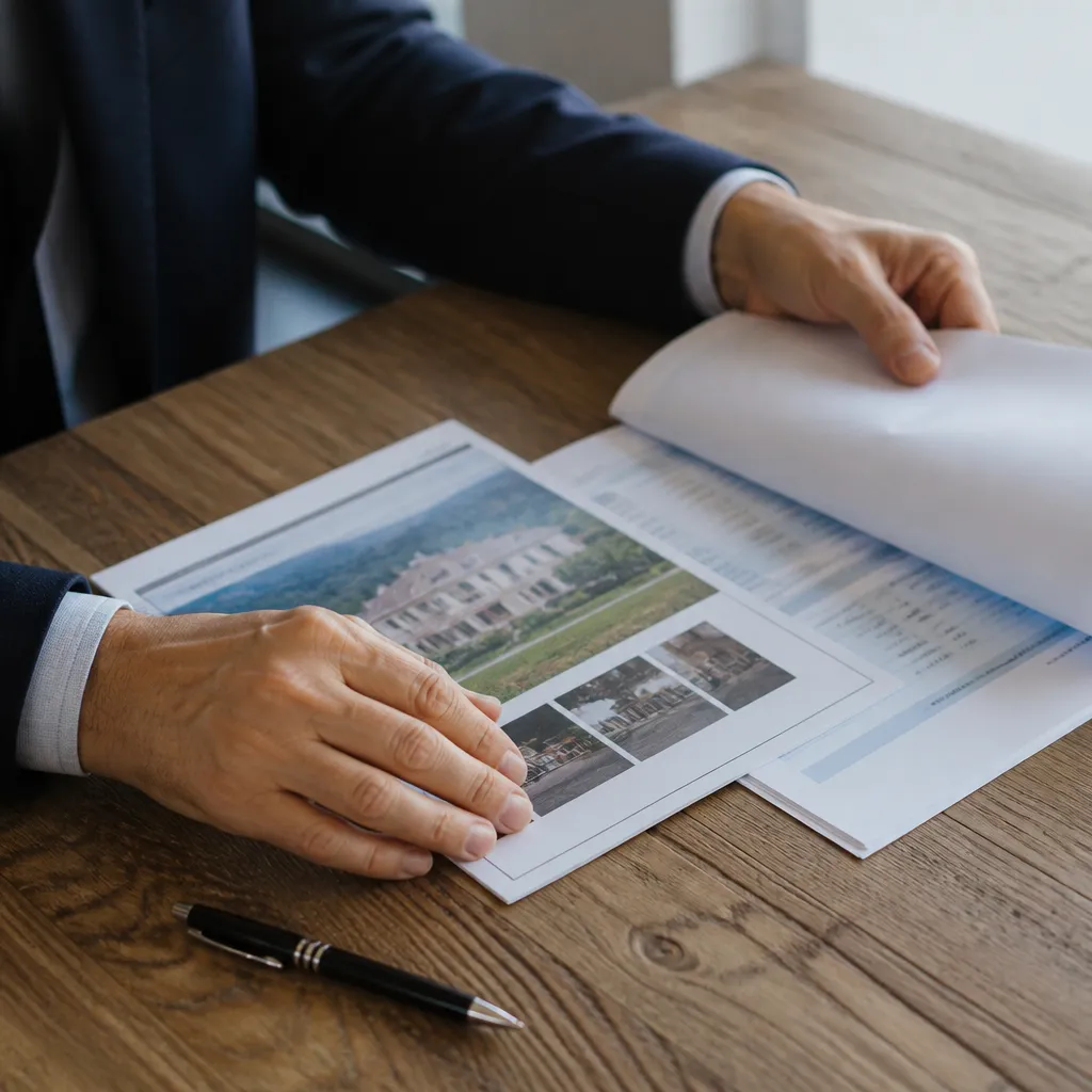 Mains feuilletant un dossier patrimonial sur une table en bois massif