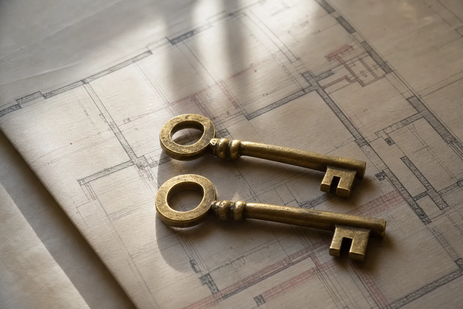 Trousseau de deux clés anciennes posées sur un plan de maison déroulé